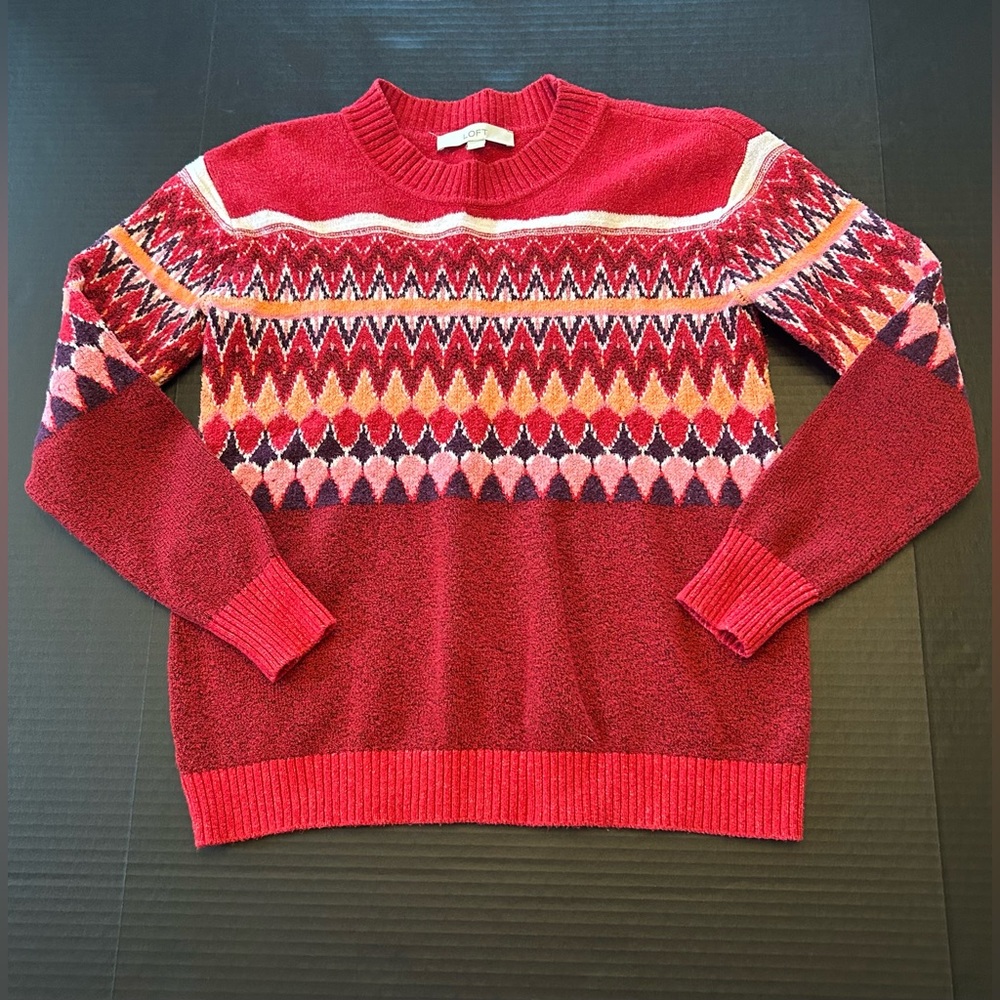 LOFT Women's Red Fair Isle Pattern Knit Ski Sweater Size Small Crewneck